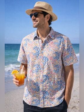 Charleston Threads Linen Blend Button Down Shirt L Colorful Coastal Vacation